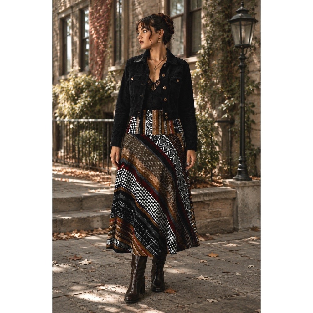Vtg Y2K Patchwork Plaid Houndstooth Stretch Knit Maxi Skirt 1X Dark Academia USA